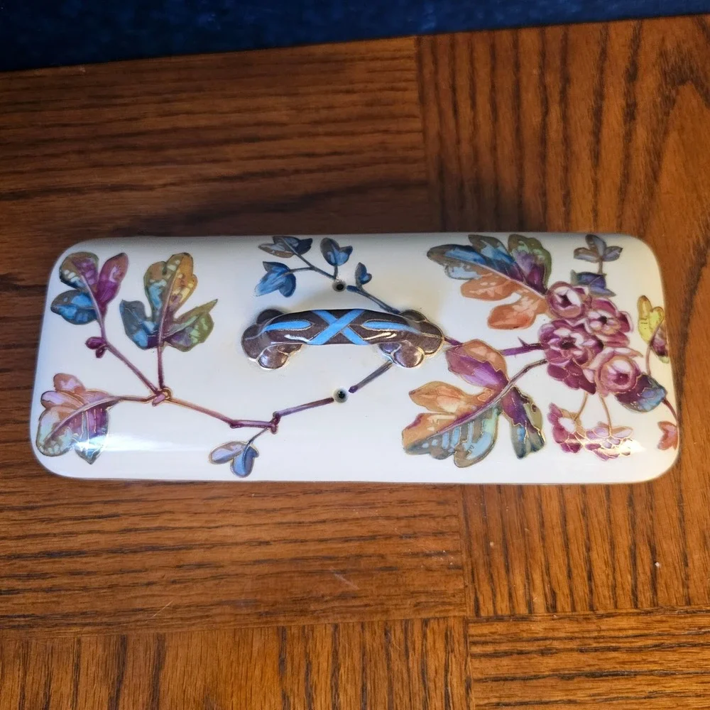 Floral Ceramic Vanity Set Trinket Box and Soap Dish Gold Trim Botanical Decor